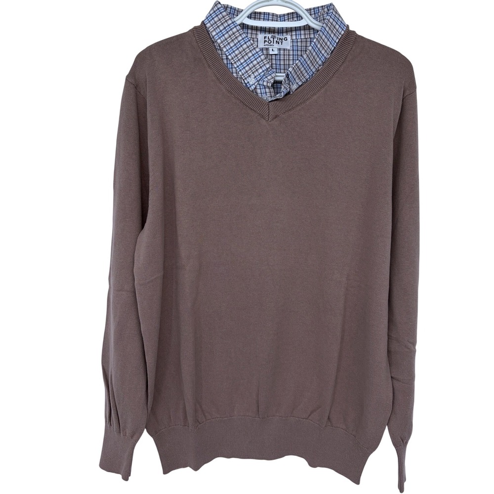 Flying Point Apparel Brown Sweater with Plaid Collared‎ Shirt Combo Large Mens